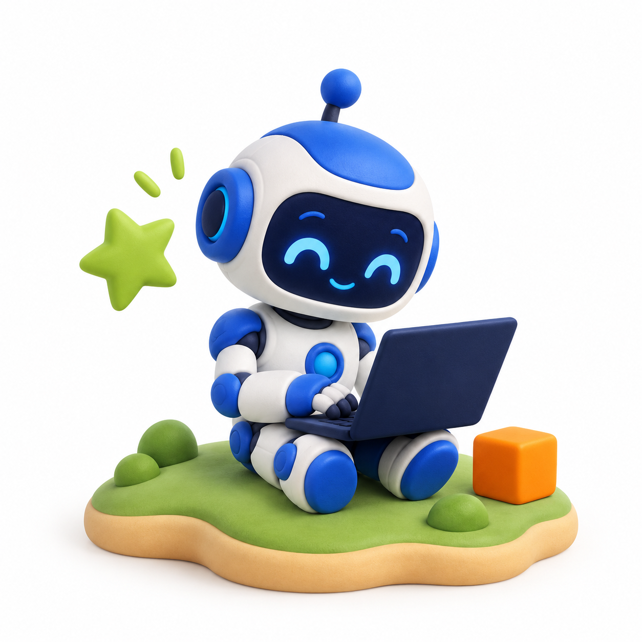 Bilgisayarıyla yeni şeyler keşfeden sevimli mavi robot